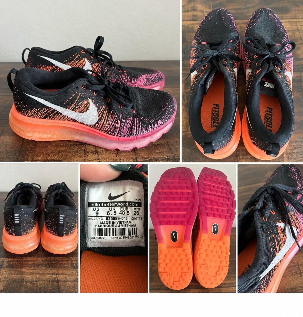 Nike Flyknit Air Max Women’s 9 Black Pink Orange Multicolor 620659-015 2013